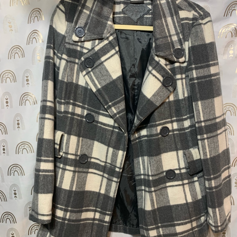 Jou Jou Black and Cream Plaid Pea Coat